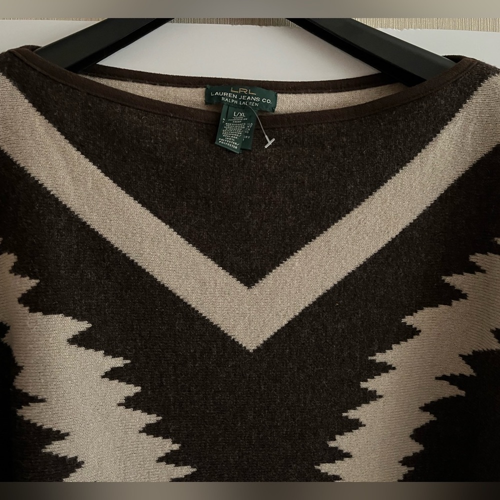 LRL Lambswool Blend Two-Ply Boiled Contrast Tribal Knit Poncho NWOT - Picture 8 of 15